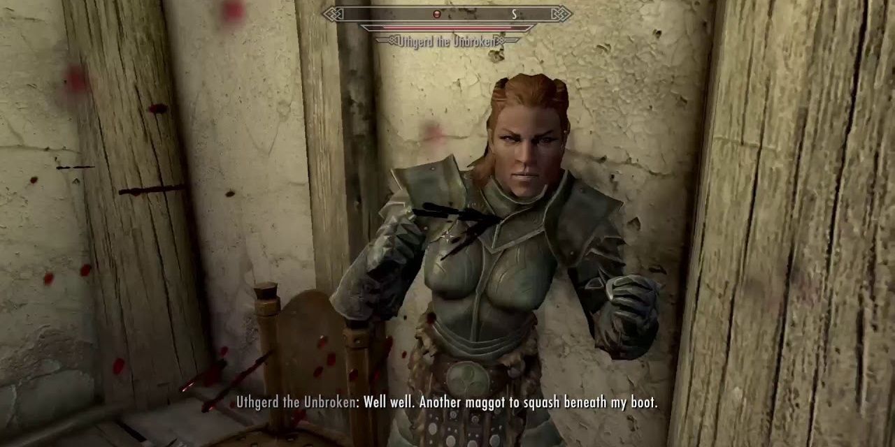 Uthgerd the Unbroken fighting the player in Skyrim.