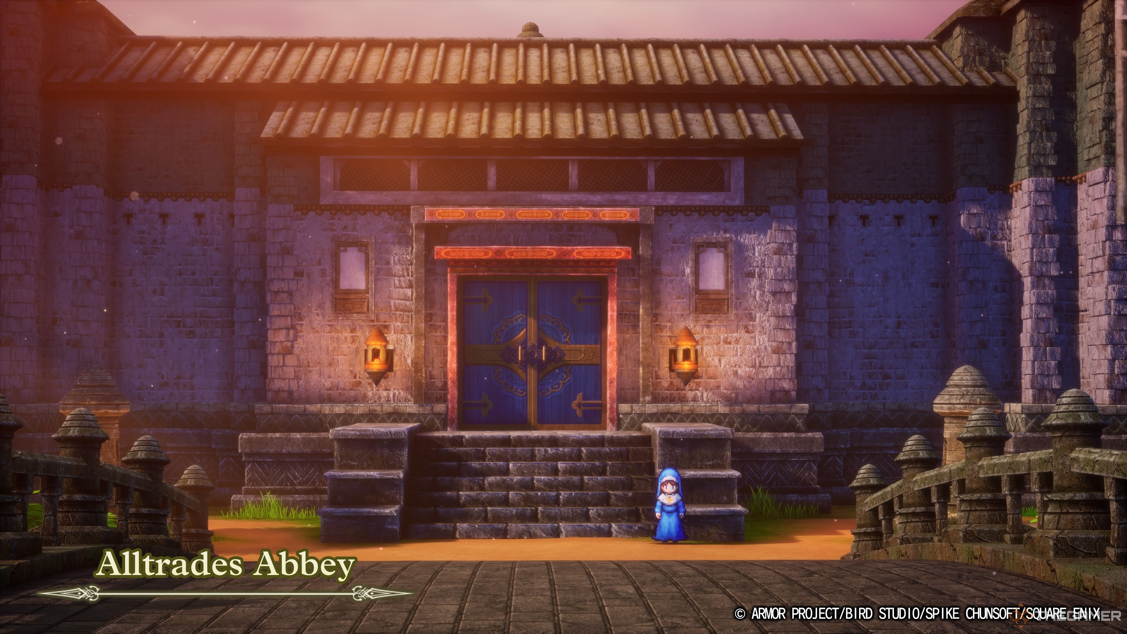 DRAGON QUEST III HD-2D Remake the introduction to the Alltrades Abbey location at dusk.