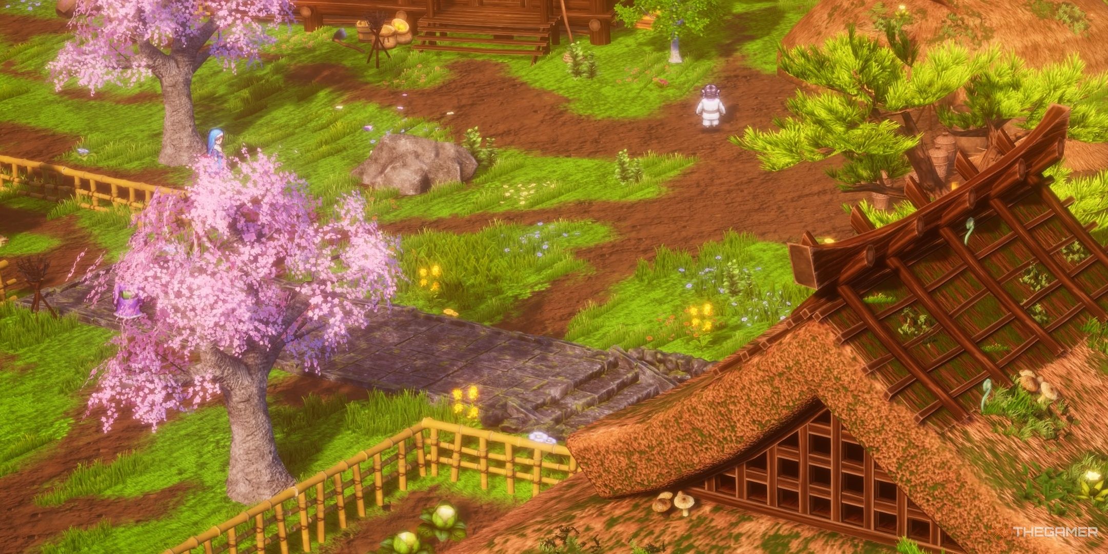 DRAGON QUEST III HD-2D Remake the town of Jipang with cherry blossoms and buildings in view.