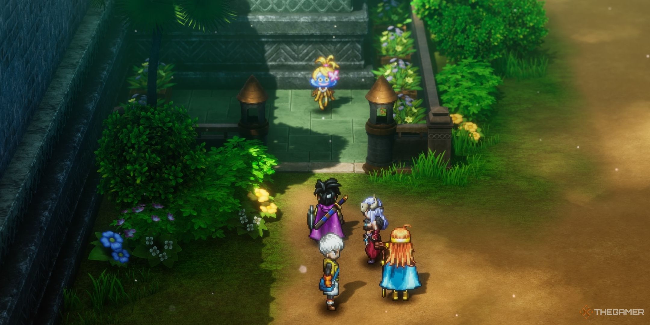 DRAGON QUEST III HD-2D Remake the hero and party standing before the stylist at Alltrades Abbey.