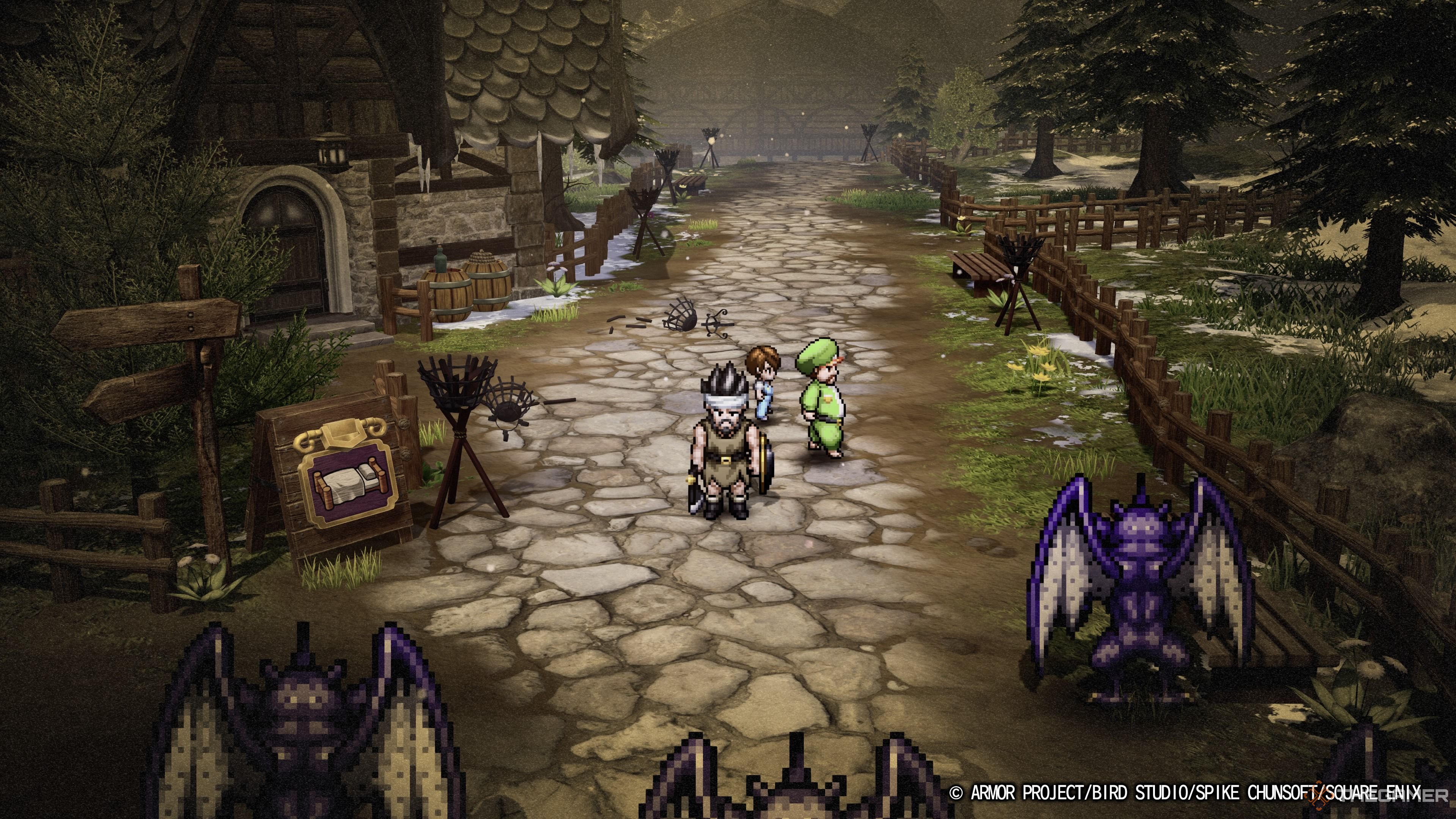 DRAGON QUEST III HD-2D Remake Ortega in a flashback fighting monsters in the village of mur.