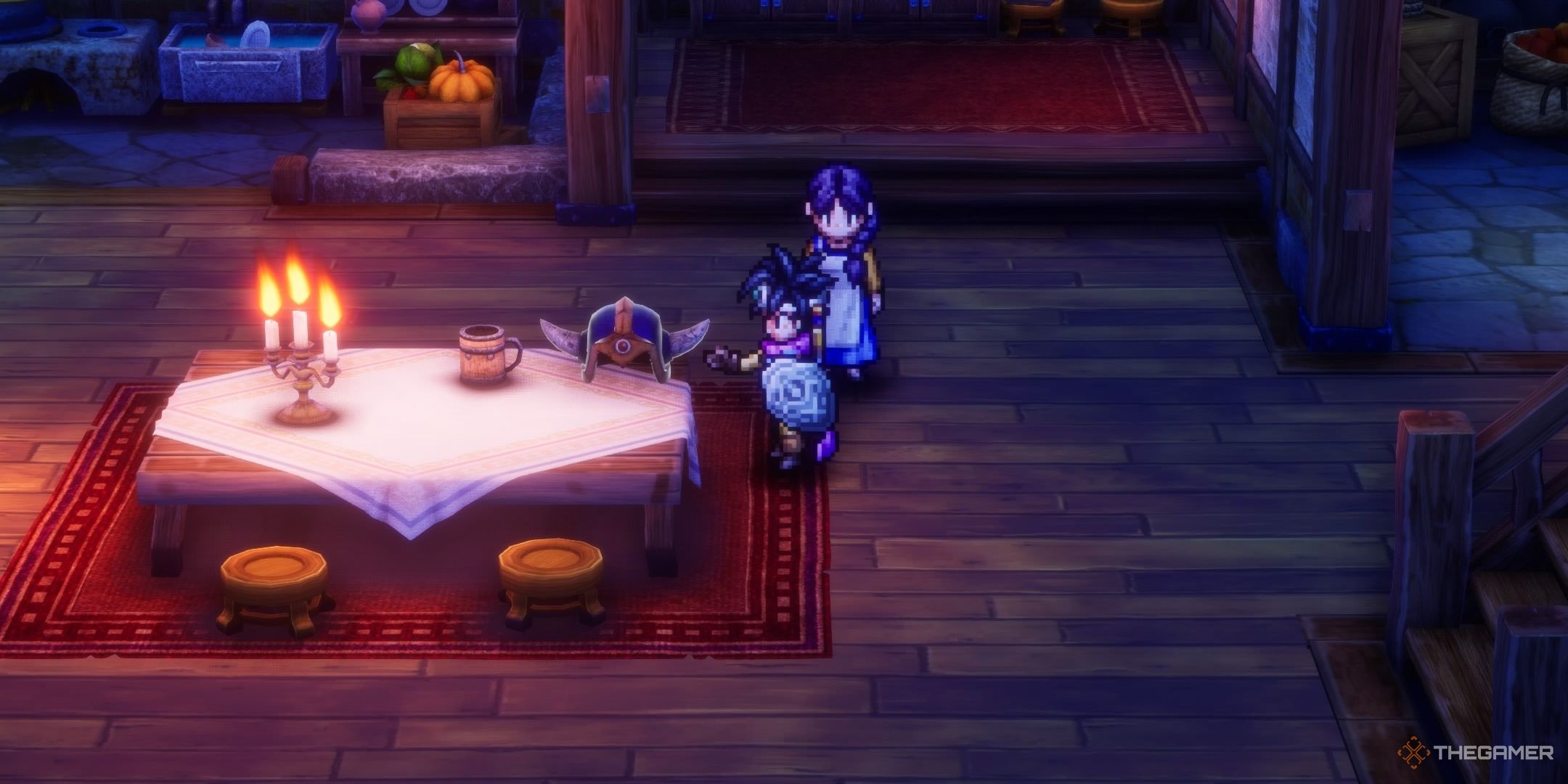 DRAGON QUEST III HD-2D Remake the Hero placing Ortega's helmet on the dinner table at home beside their mother.