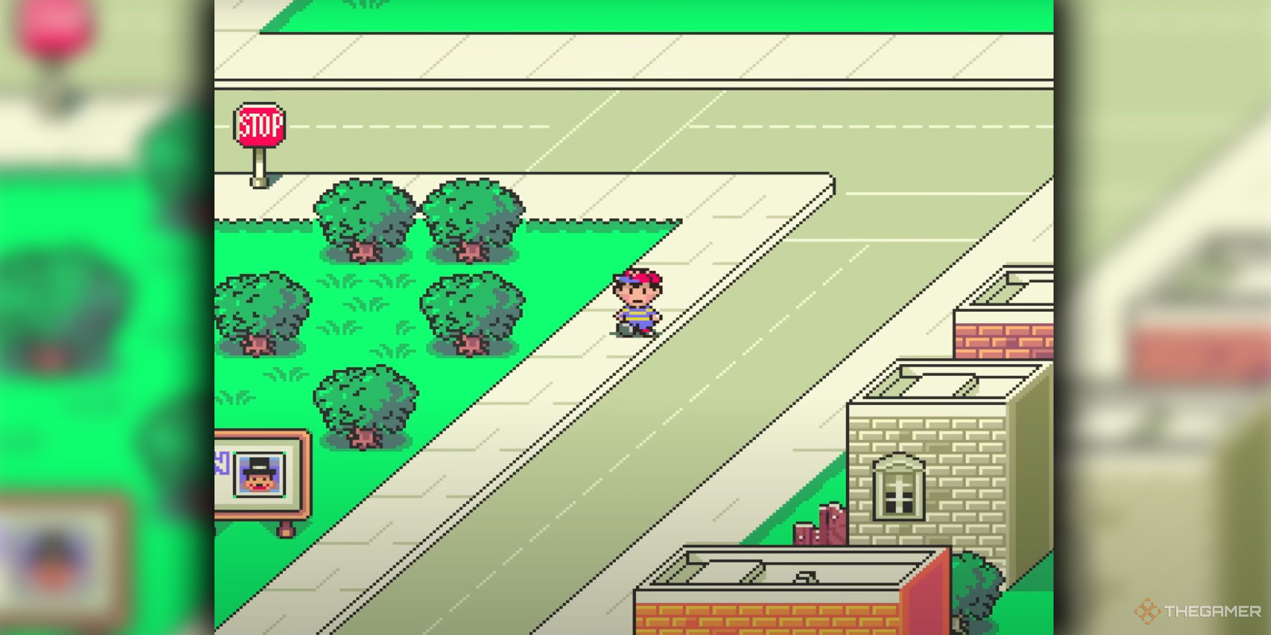 Ness walking down the sidewalk in Onett from Earthbound.