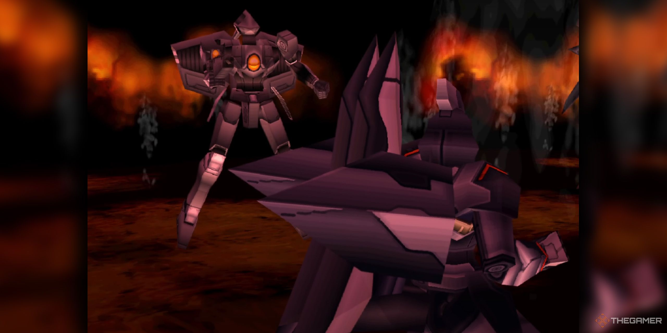 Two grey mech robots fighting in a flame-engulfed battlefield from Xenogears.