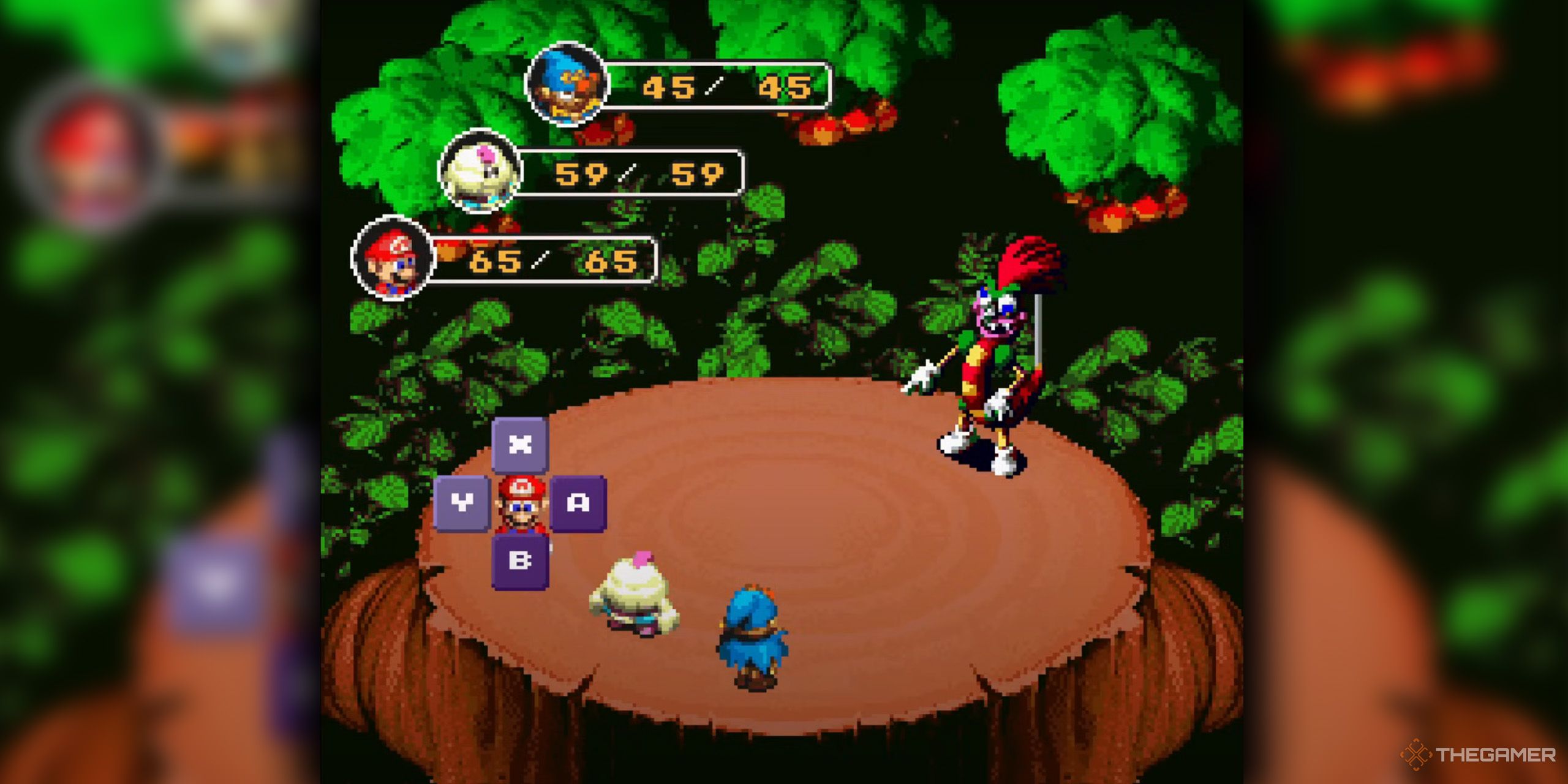 Mario, Geno, and Mallow fighting Bowyer in Super Mario RPG.