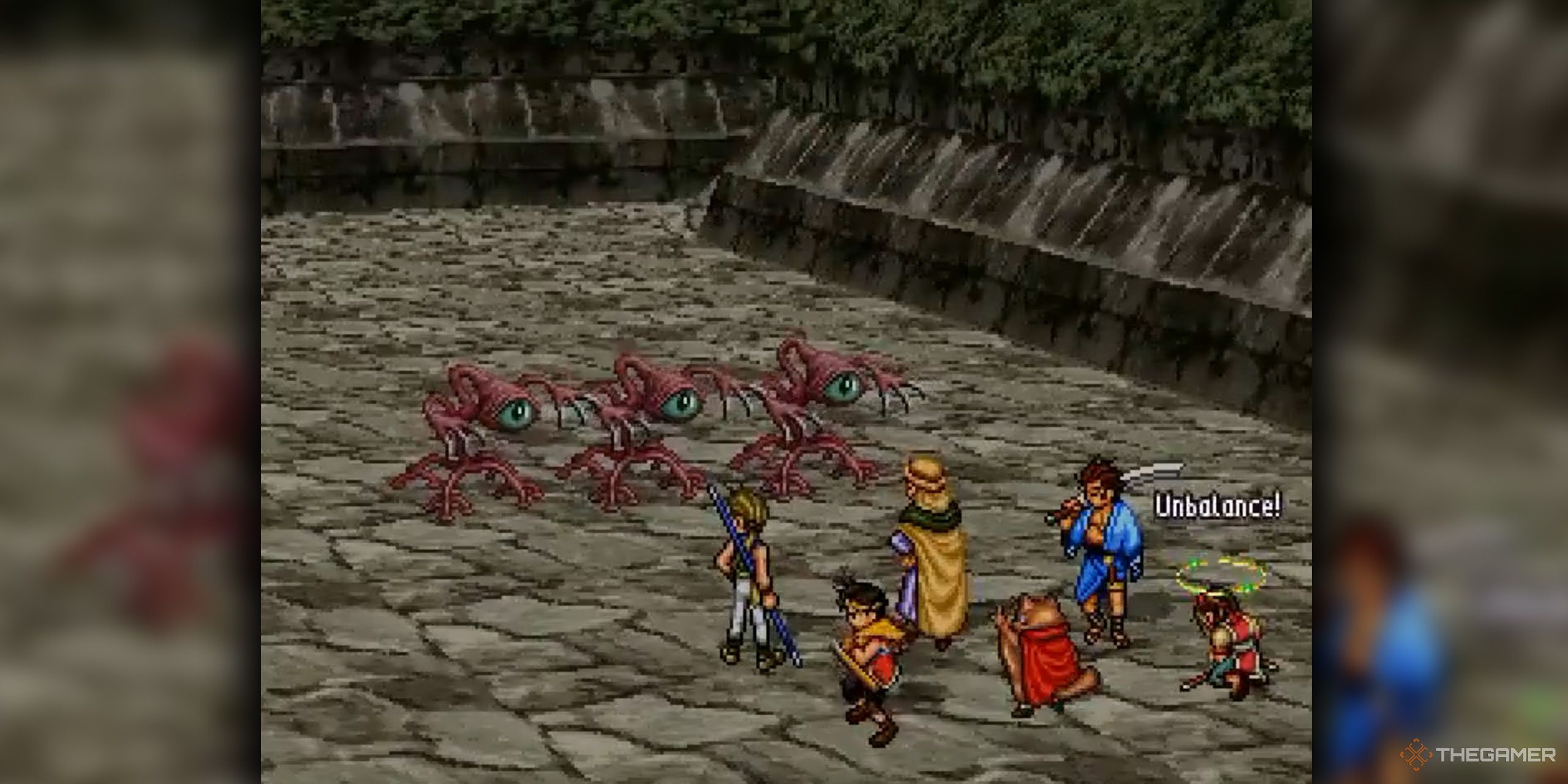 Riou and his team fight three one-eyed monsters in Suikoden 2.