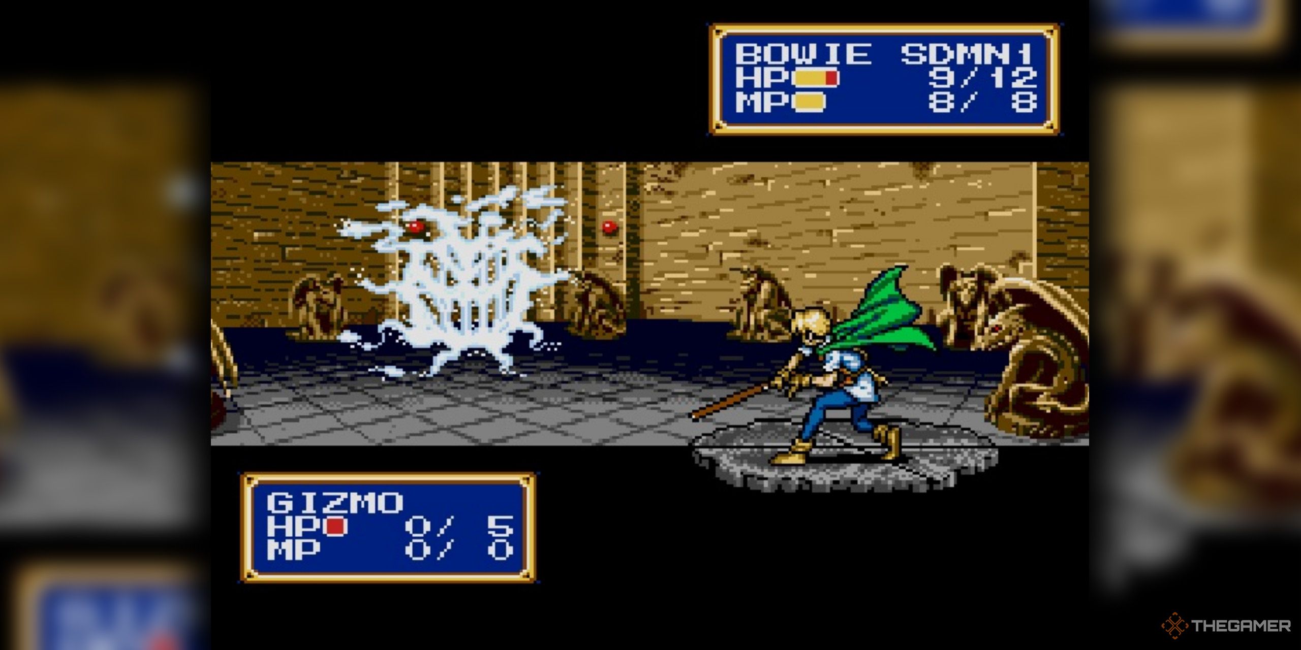 Bowie hitting Gizmo with a sword in Shining Force 2.