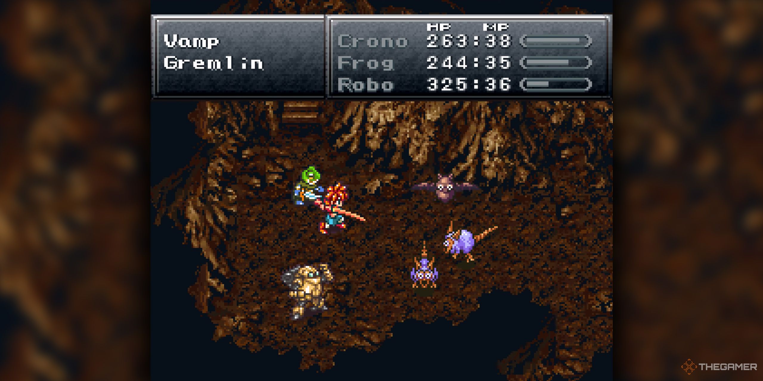 Crono, Frog, and Robo fighting two gremlins and a bat in Chrono Trigger.