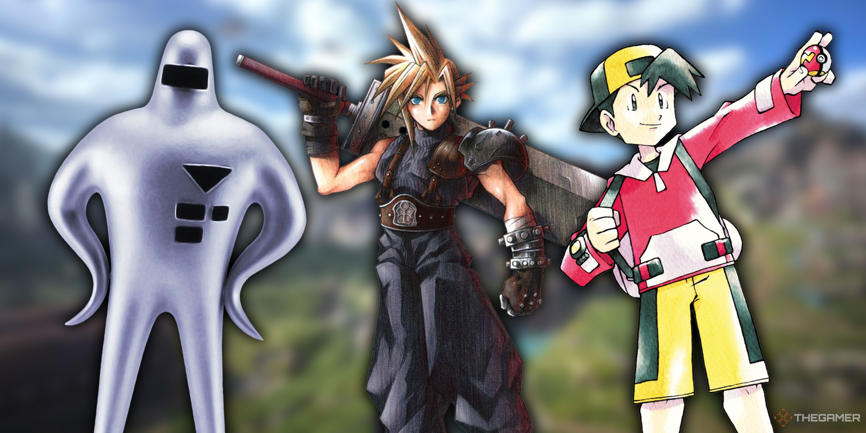 Starman from Earthbound, Cloud from Final Fantasy 7, and Ethan from Pokemon Gold standing side by side in the Grasslands.