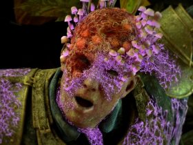 Avowed screenshot showing a corpse-like figure's face with glowing purple mushroom/spore growths