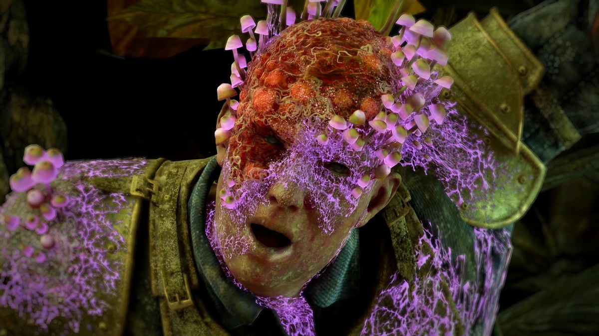 Avowed screenshot showing a corpse-like figure's face with glowing purple mushroom/spore growths