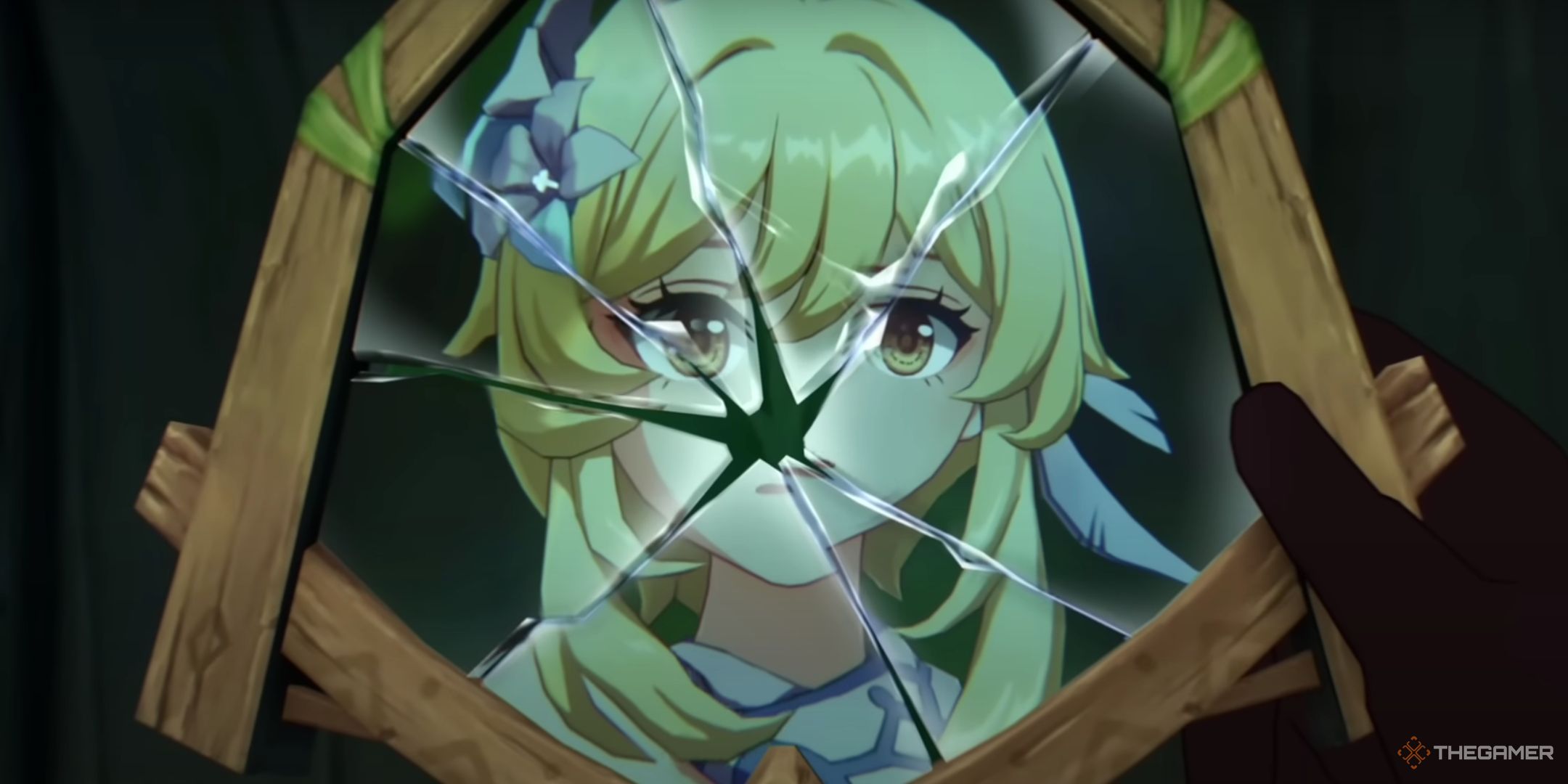 Lumine is shown in a broken mirror in Genshin Impact.