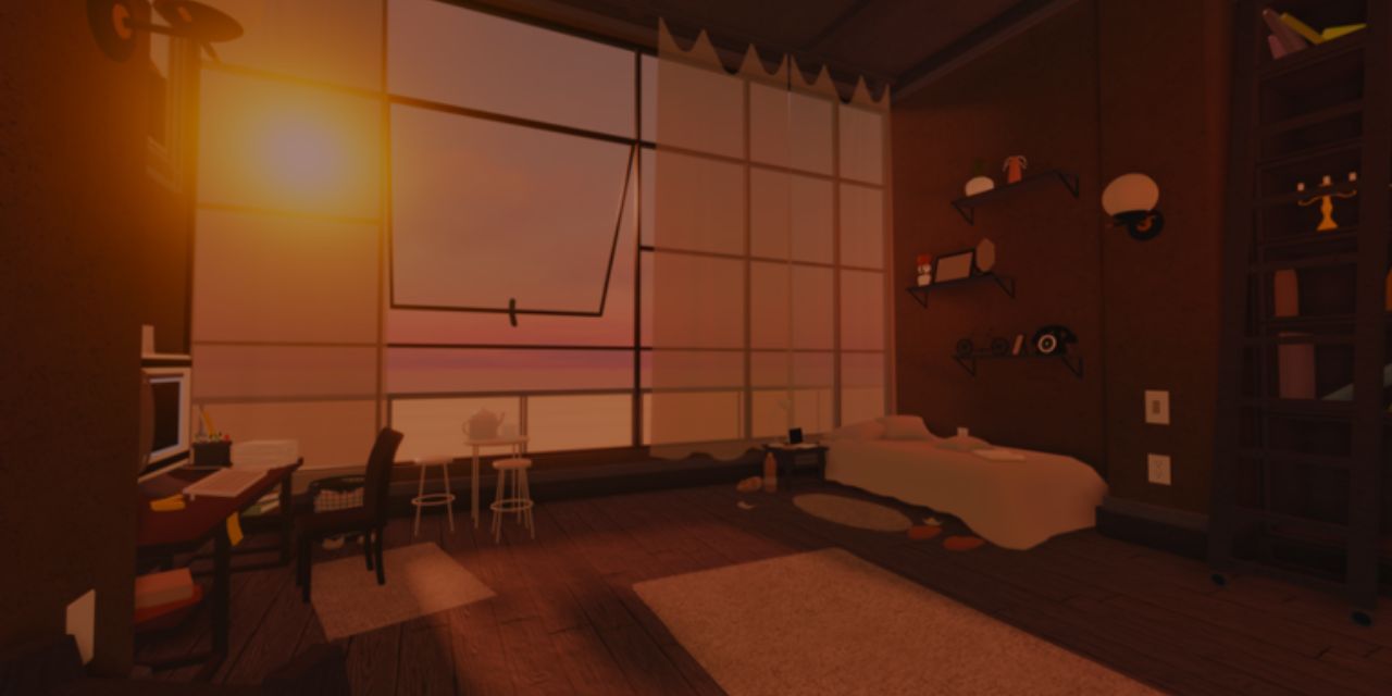 A bedroom and a setting sun in Evasion, Roblox