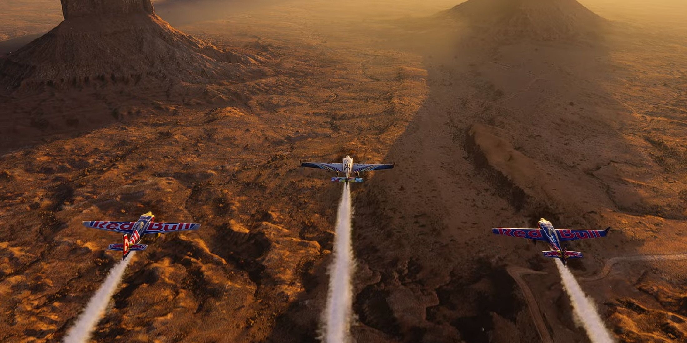 A screenshot from Microsoft Flight Simulator 2024's reveal trailer, showing the Red Bull Race