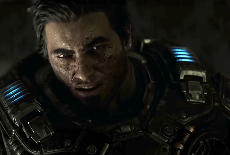 Gears of War E-Day release date: A close-up of Marcus Fenix with his face covered in blood during the Gears of War E-Day trailer.