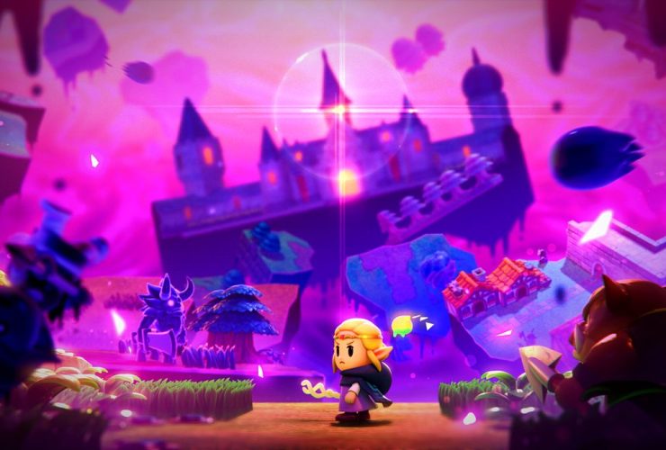 The Legend of Zelda: Echoes of Wisdom art showing princess Zelda standing before a floating Hyrule Castle as the sky glows a deep purple color and enemies surround her