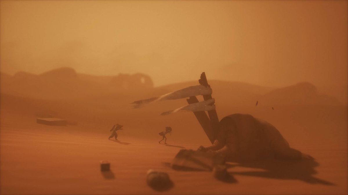 Little Nightmares 3 Necropolis demo low and alone walking in desert during sandstomr