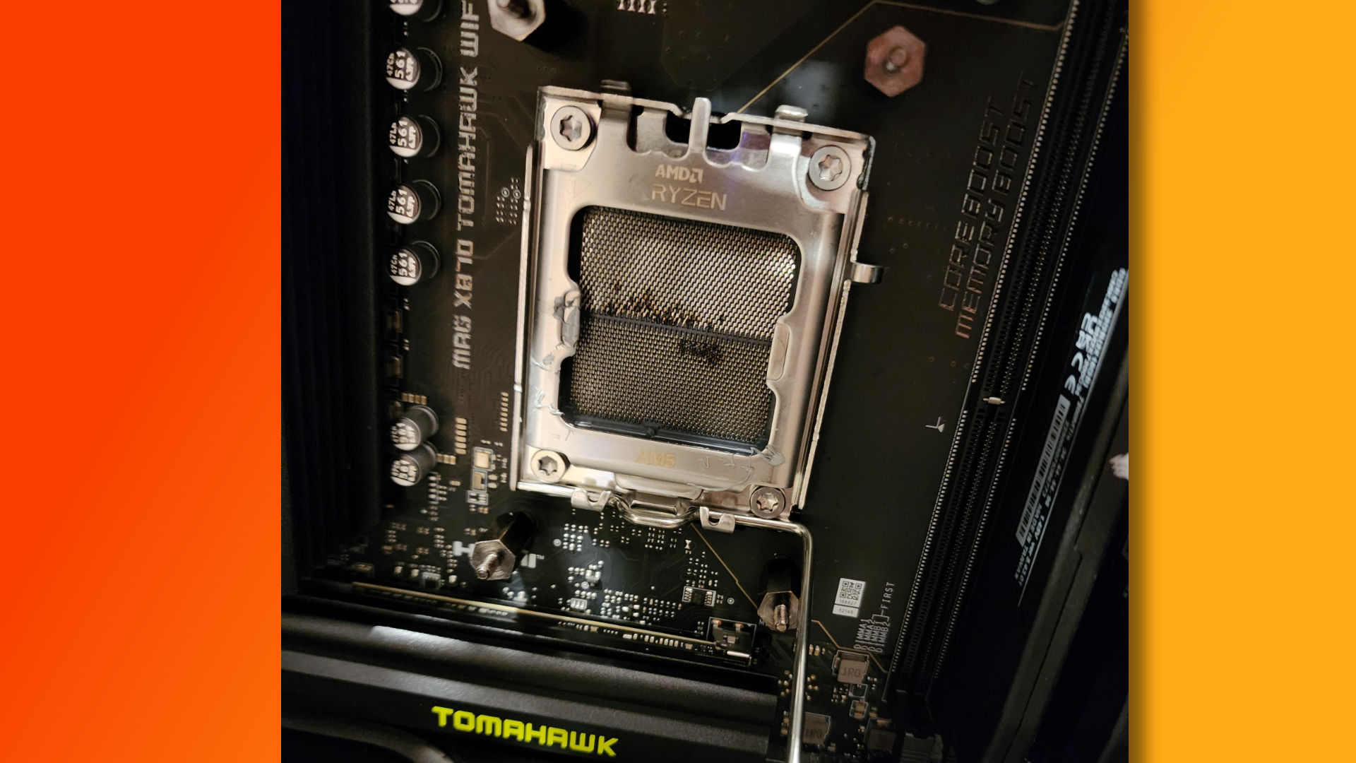 Damaged MSI X870 Tomahawk motherboard CPU socket