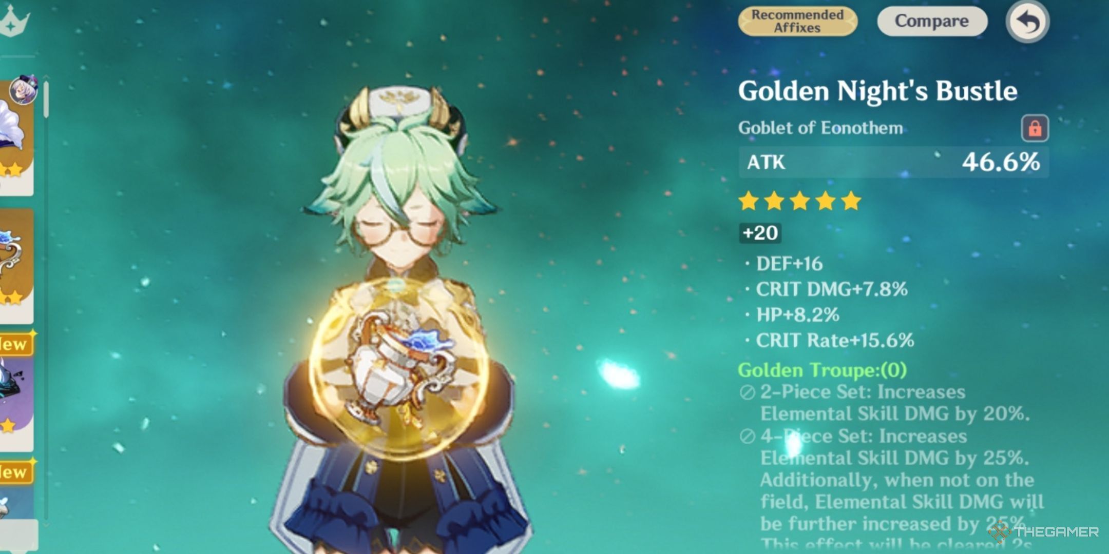 Sucrose in Genshin Impact's artifact selection screen, holding a Golden Troupe goblet with the ATK percentage main stat.