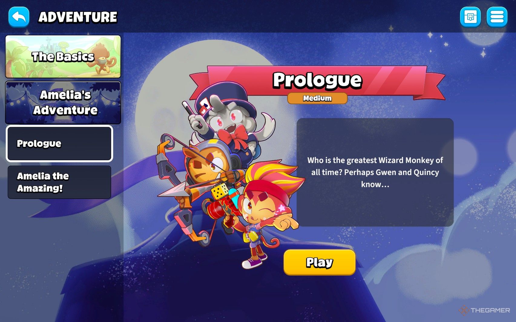 Bloons Card Storm menu showing Amelia's Adventure prologue. 