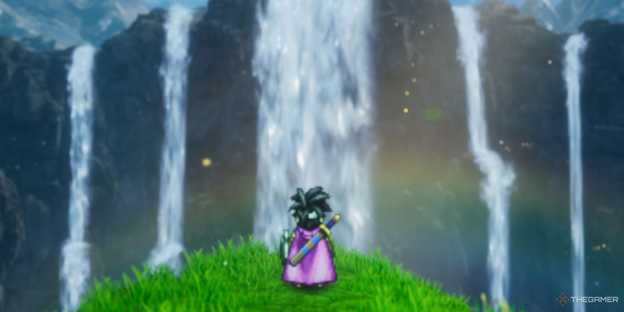 DRAGON QUEST III HD-2D Remake the hero standing on a cliff by a waterfall.