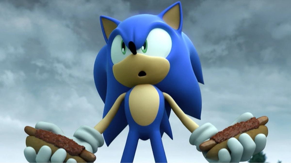 Sonic the Hedgehog holding chilidogs