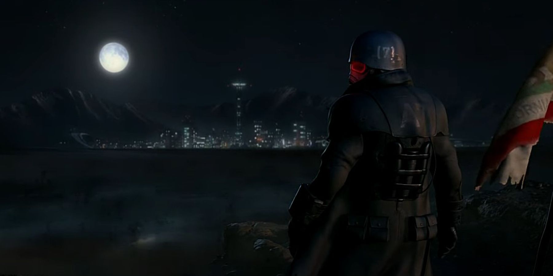 Fallout New Vegas NCR Ranger overlooking the Mojave Desert New Vegas Strip trailer screenshot