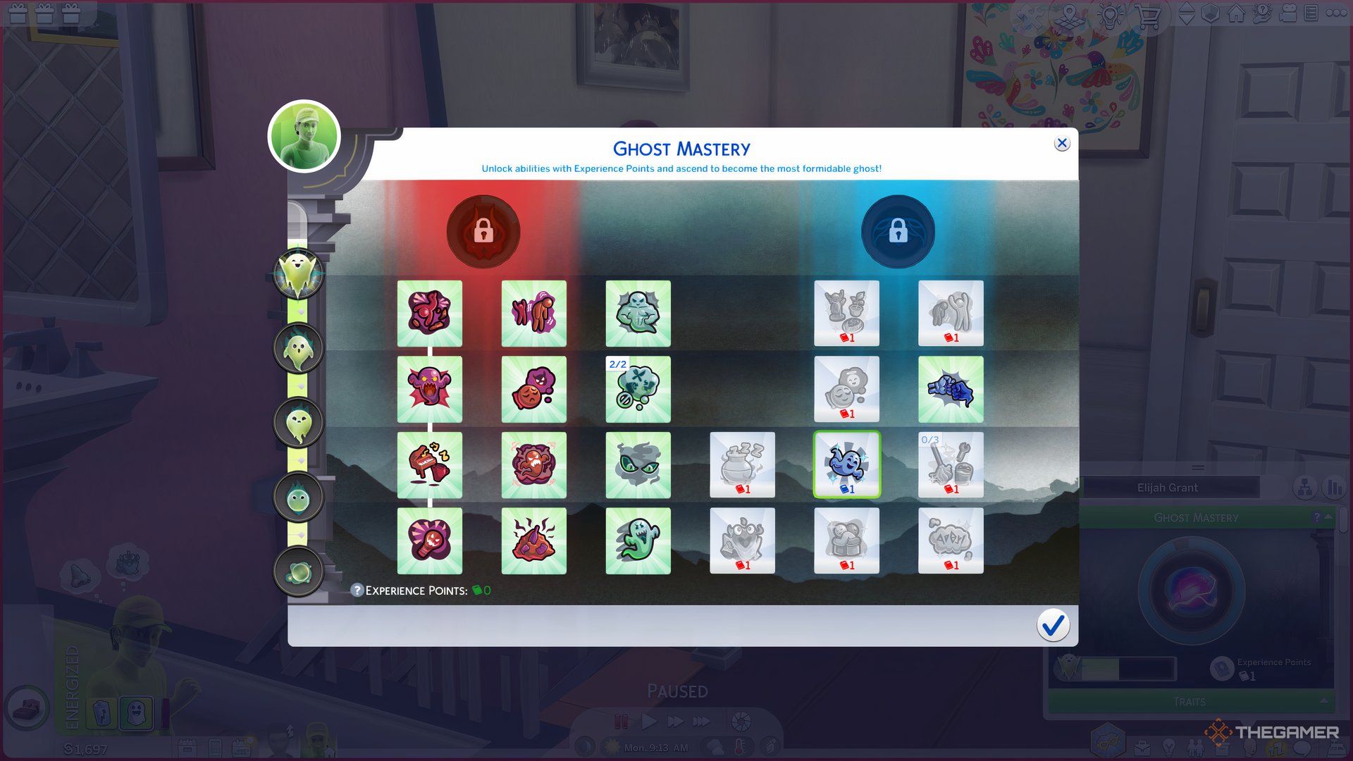 Screenshot from The Sims 4 showing Ghost Power Tree. There are 22 different tiles, and a ghost Sim icon on top right.