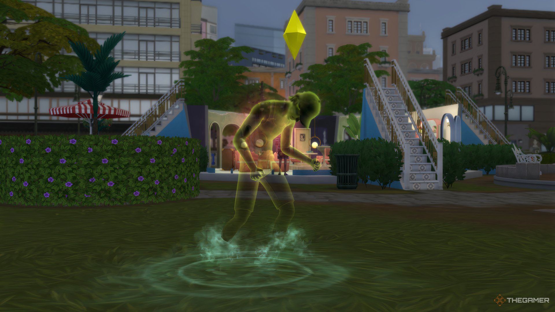 A Ghost Sim making sound using ghostly bang ability. The Sim is in a park. A building can be seen in the background.