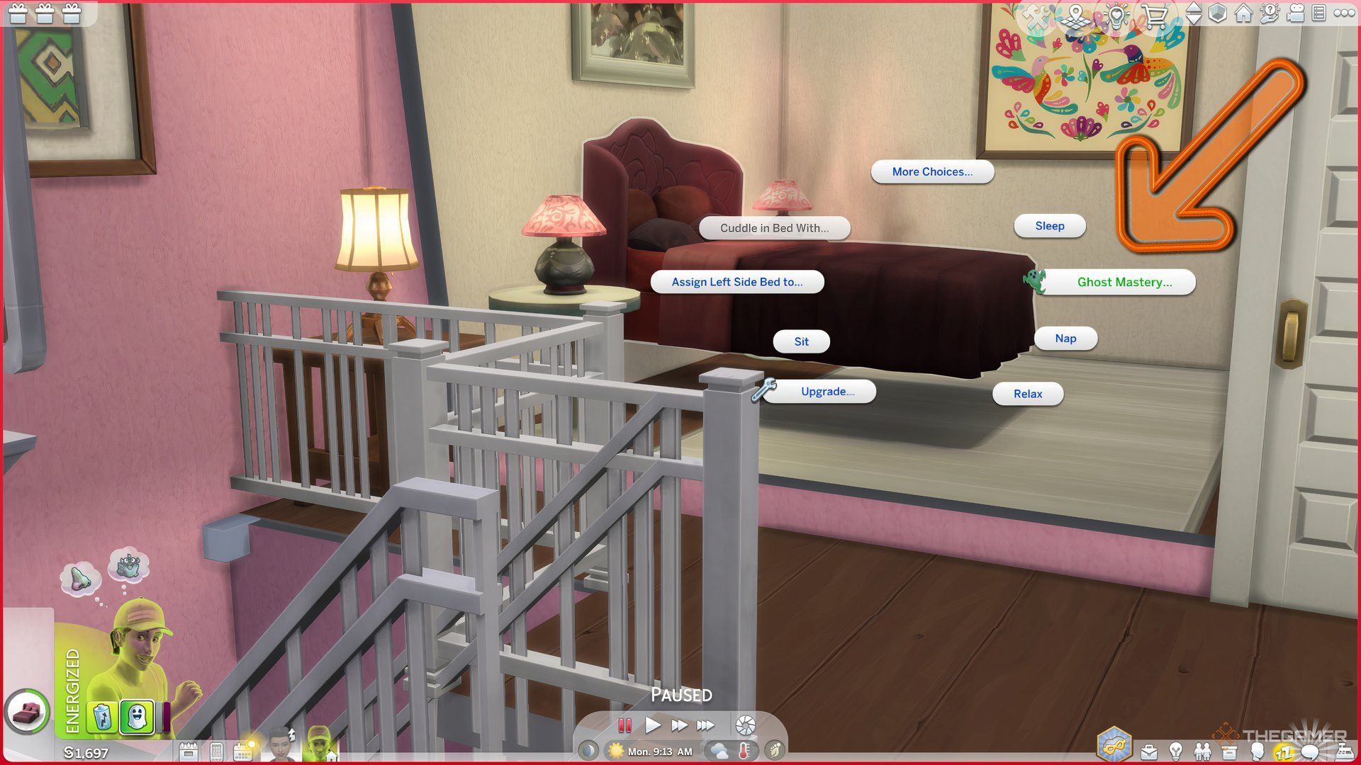 A floating bed in Sims 4, possessed by a Ghost Sim. There are various buttons with different kind of interactions.