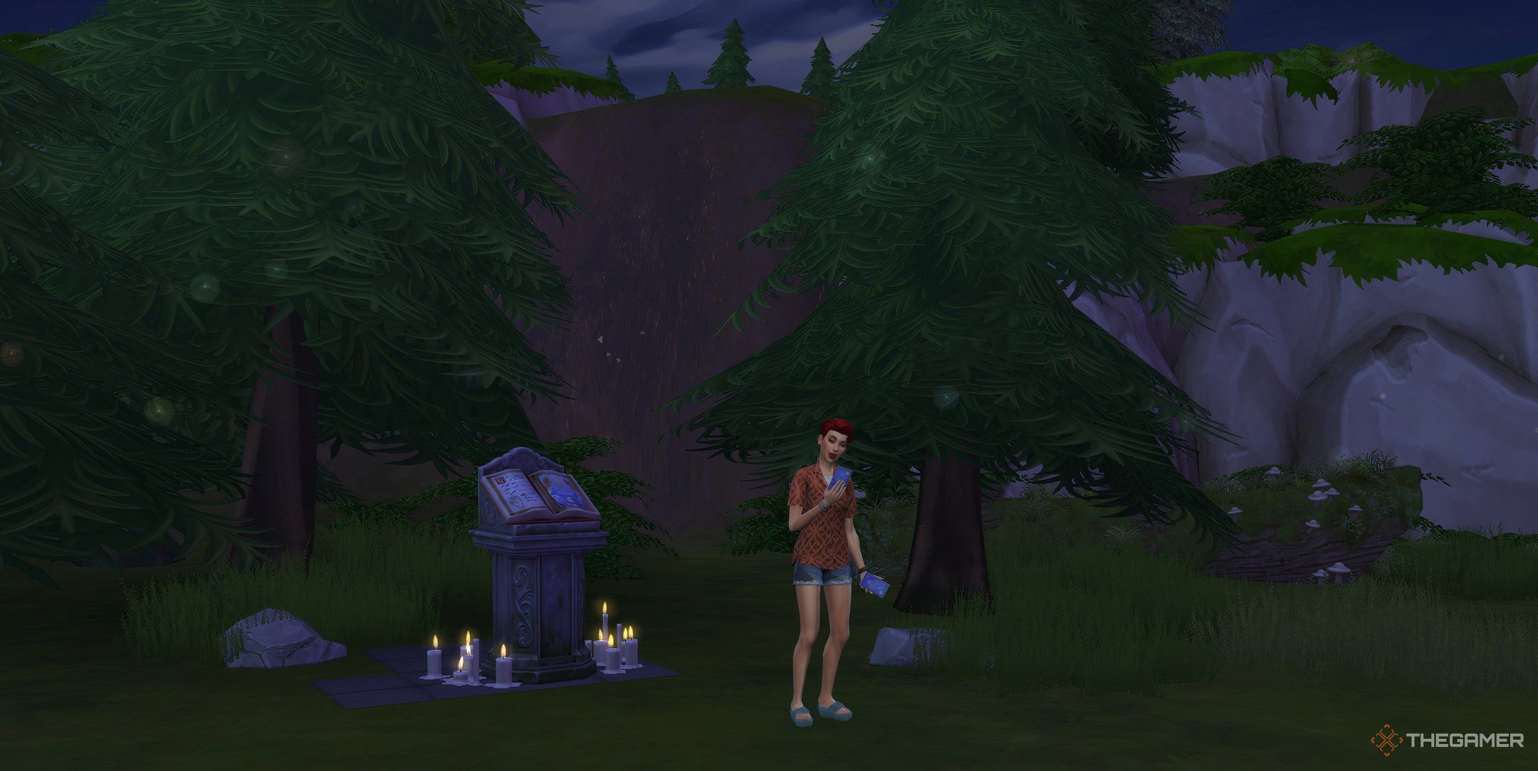 A Sim reading a tarot card by the Tarot Tome in The Sims 4 Life and Death.