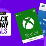 Xbox and PlayStation Store gift cards on purple background with Black Friday deals badge