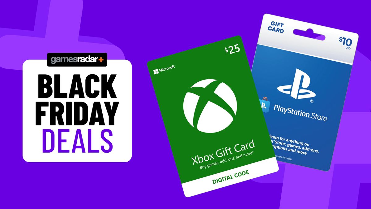 Xbox and PlayStation Store gift cards on purple background with Black Friday deals badge