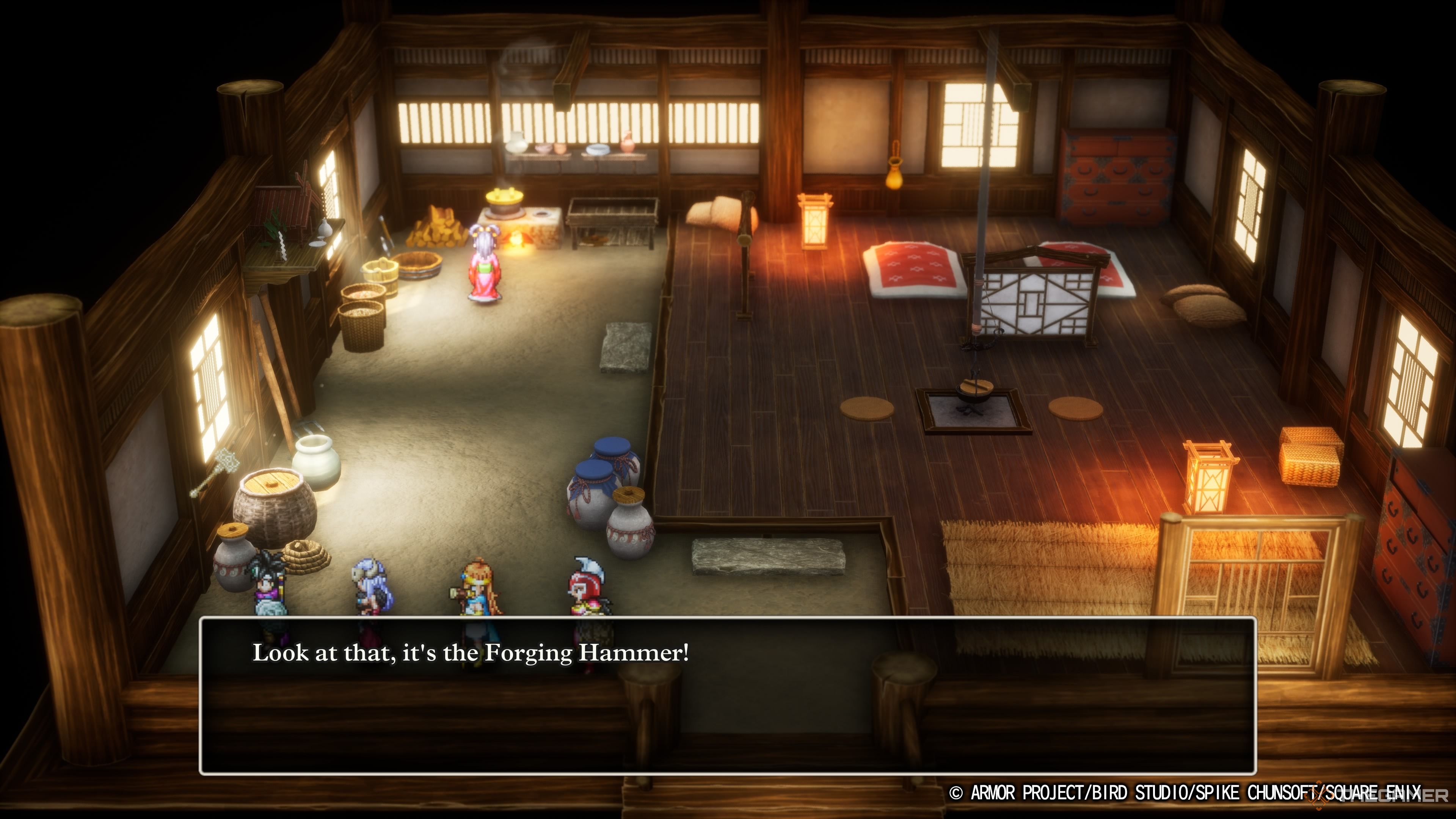 DRAGON QUEST III HD-2D Remake the party finding the forging hammer in a house in Jipang.