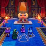 A screenshot from Dragon Quest 3 HD-2D Remake, showing the protagonist and party facing a figure on a throne.