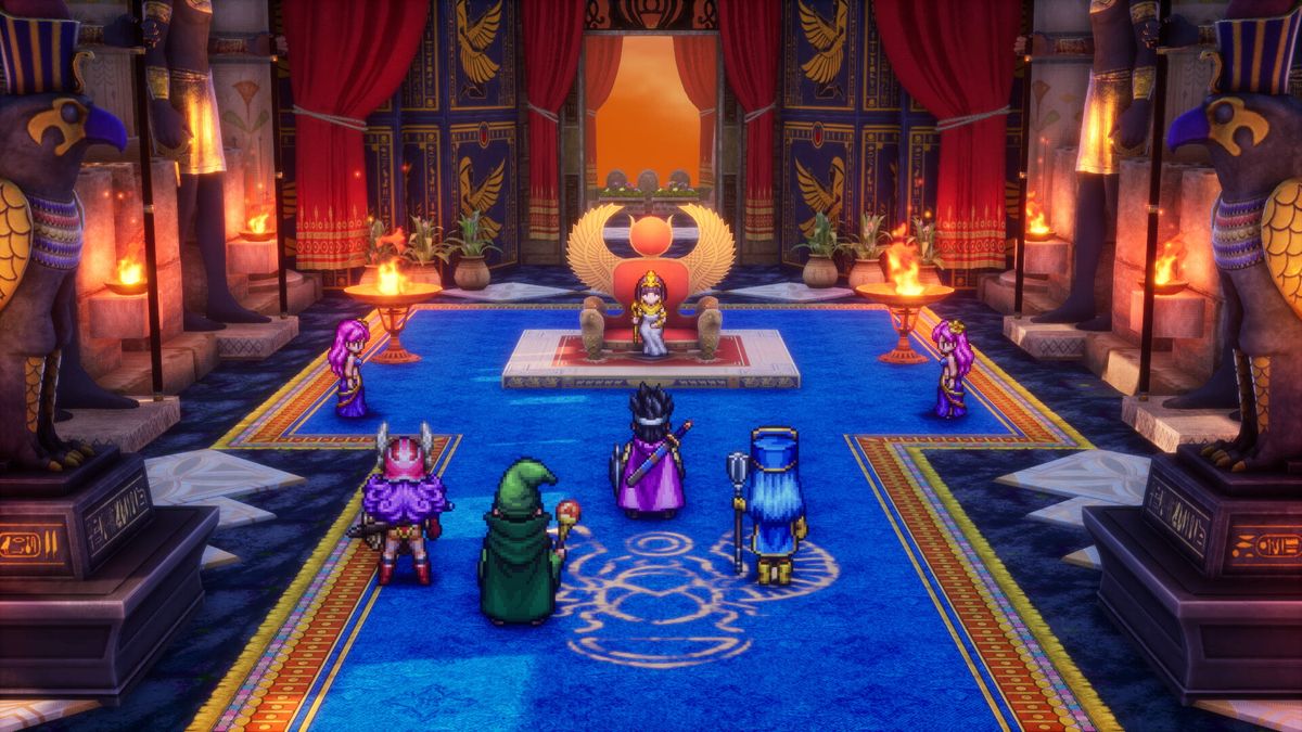 A screenshot from Dragon Quest 3 HD-2D Remake, showing the protagonist and party facing a figure on a throne.