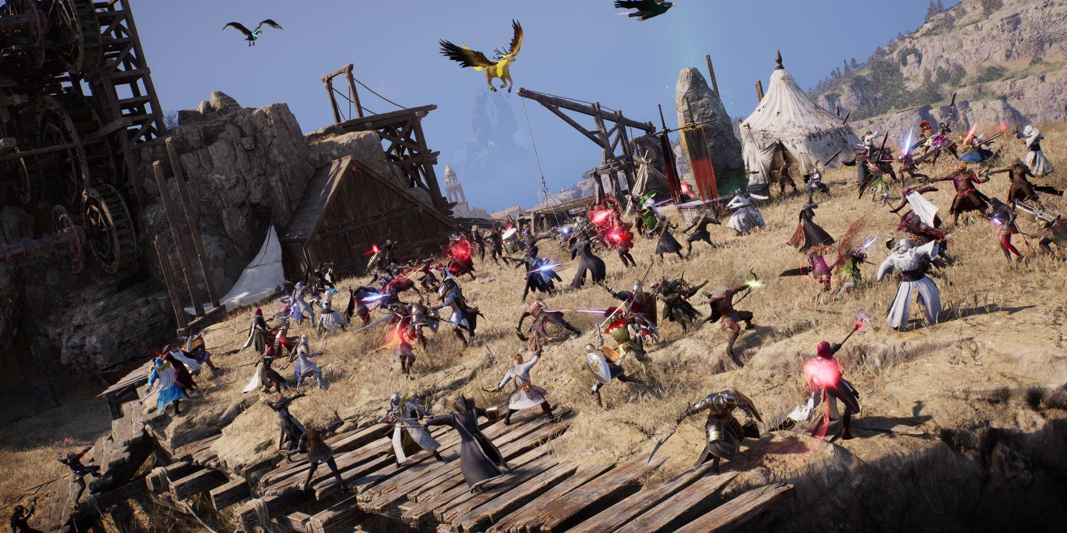 Throne And Liberty Multiplayer Players Fighting In A Field.