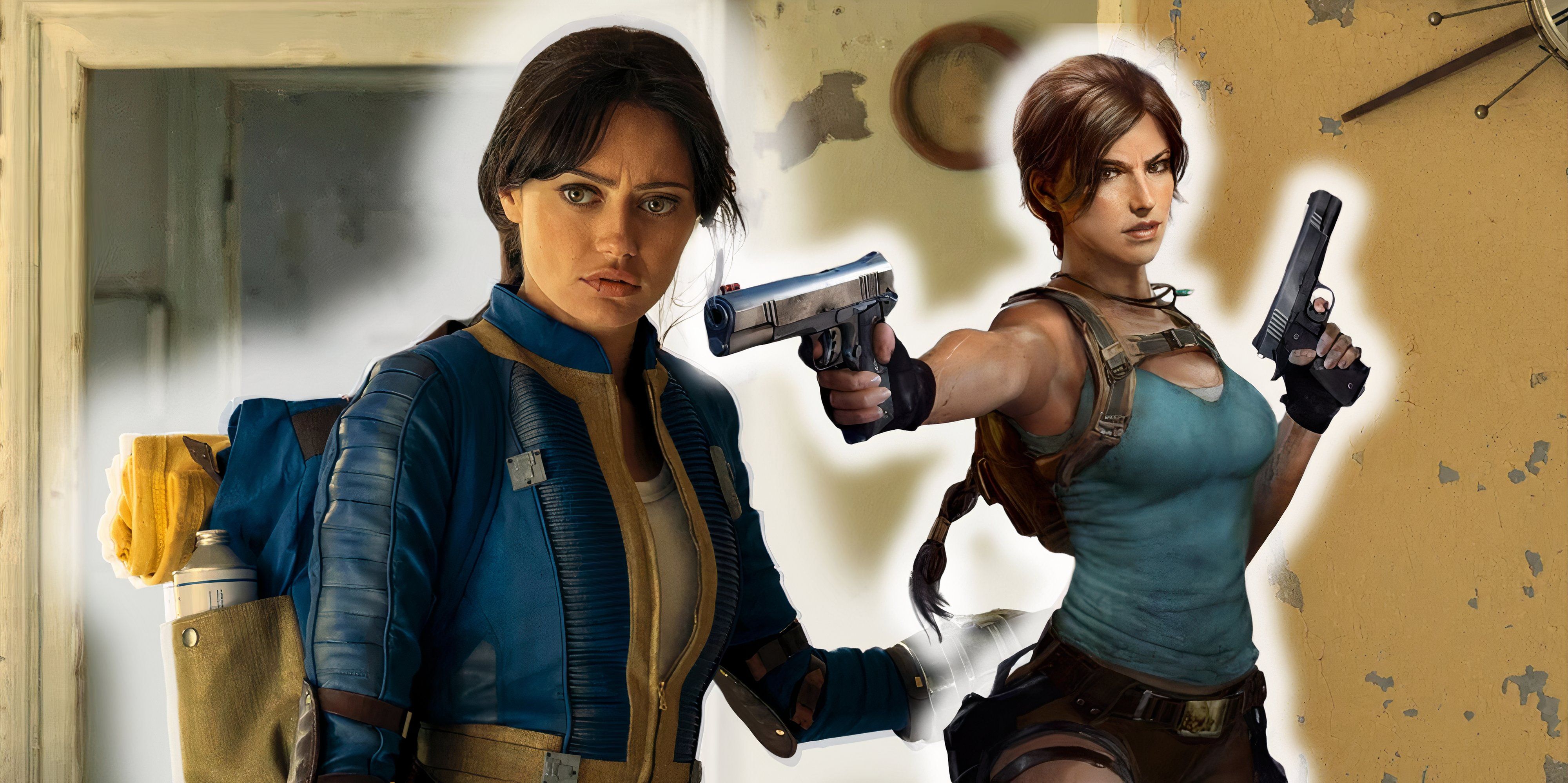 Ella Purnell in Fallout next to Tomb Raider key art