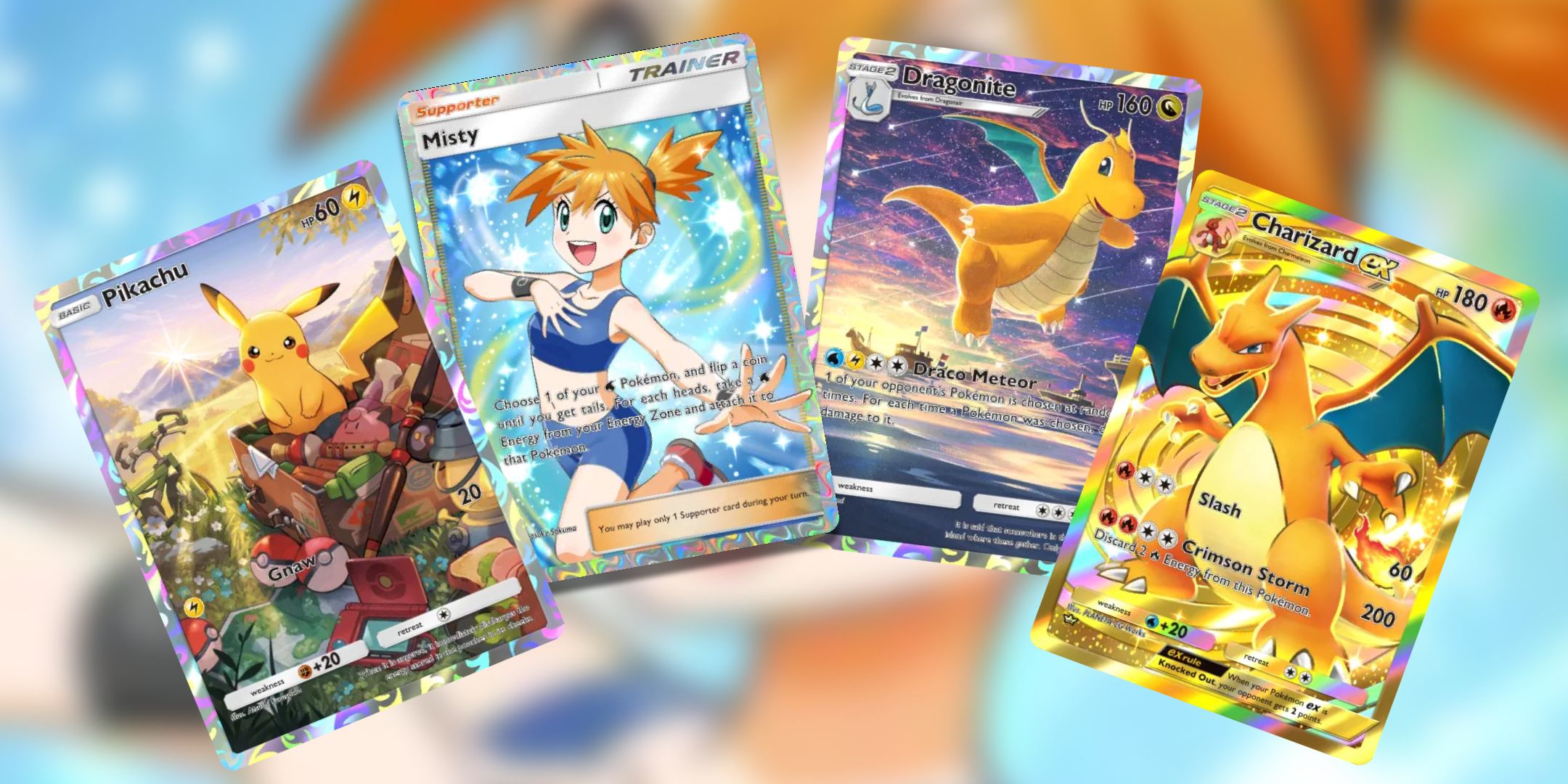 Four cards in succession; full art promo Pikachu, full art Misty, full art Dragonite, and crown rare Charizard ex in Pokemon TCG Pocket.