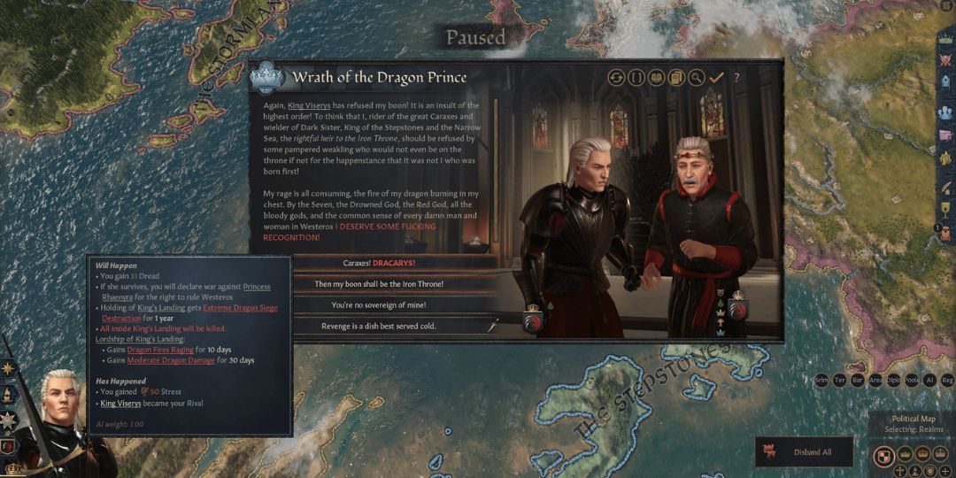 The Crusader Kings 3 Game of Thrones mod is shown. Viserys and Daemon Targaryen argue.