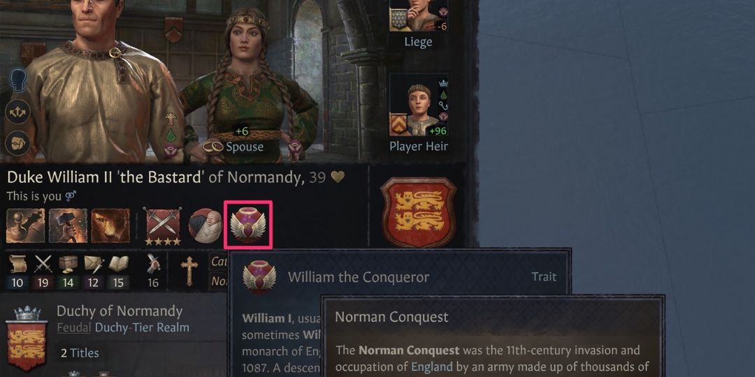 William the Conqueror's special trait is shown.