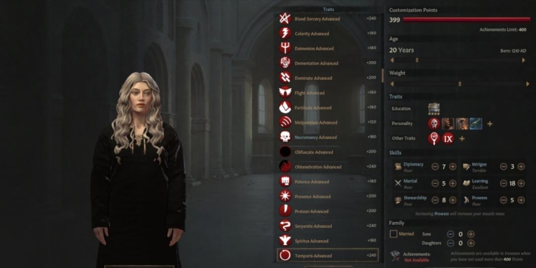 A necromancer ruler stands in the character creation screen.