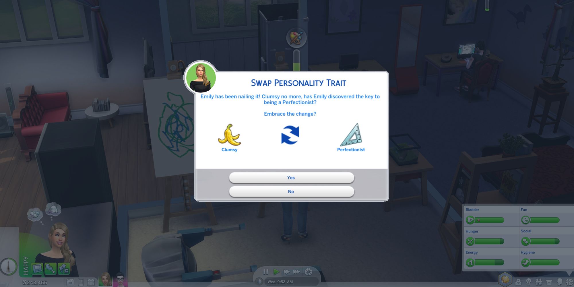 Image depicts a popup in The Sims 4 as part of the Self Discovery system prompting the player to swap a Sim trait for a new one. 