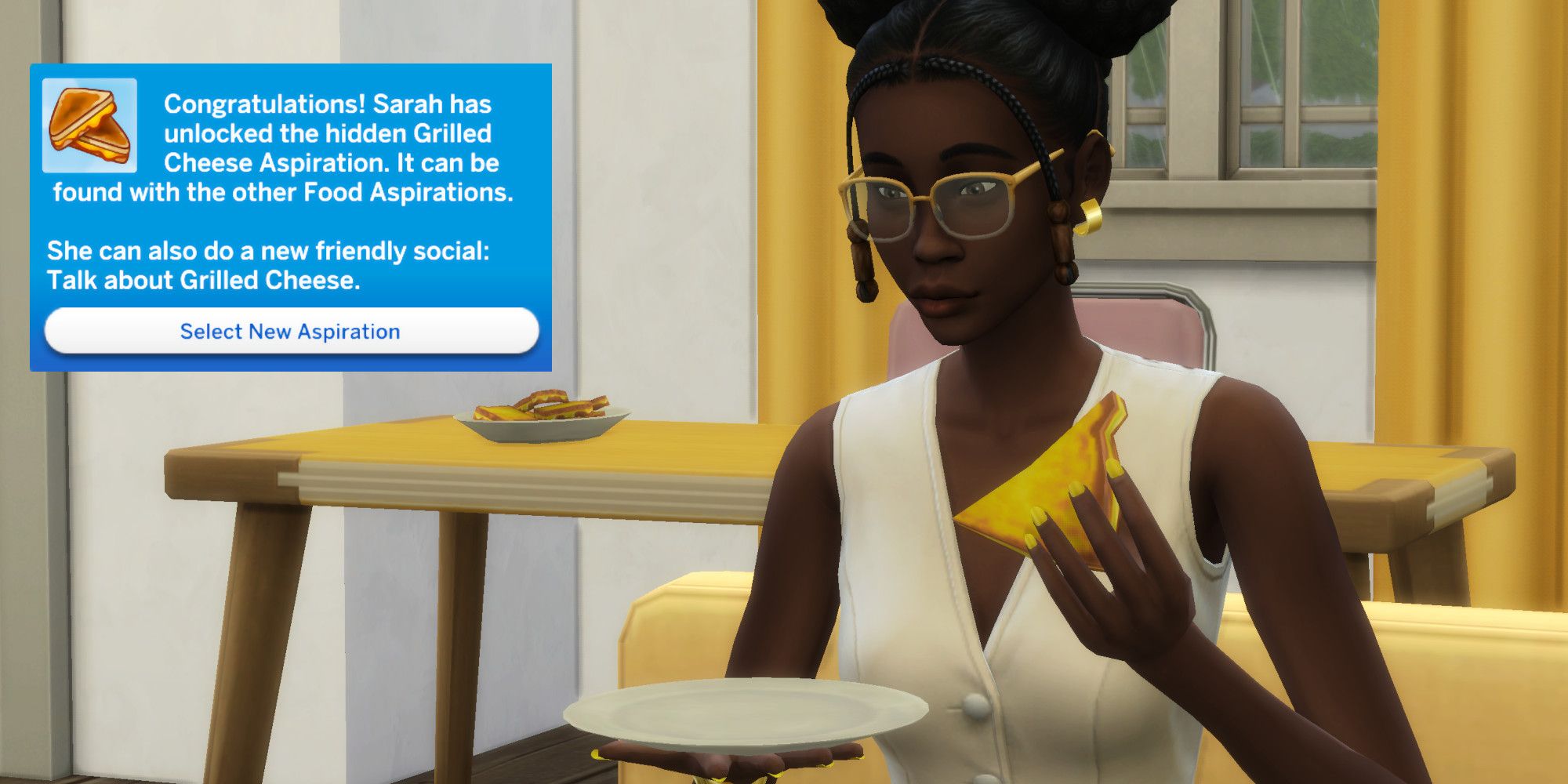 A close up of a Sim from The Sims 4 eating grilled cheese. Edited in the image is a notficaiton from the game showing the Sim has unlockde the grilled cheese aspiration