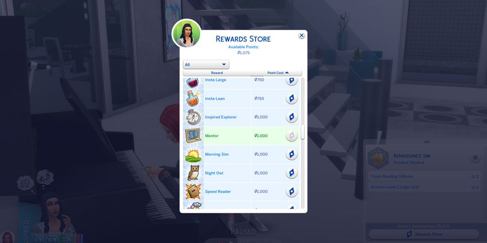 A small menu listing different traits or potions Sims can buy with Reward Points in The Sims 4