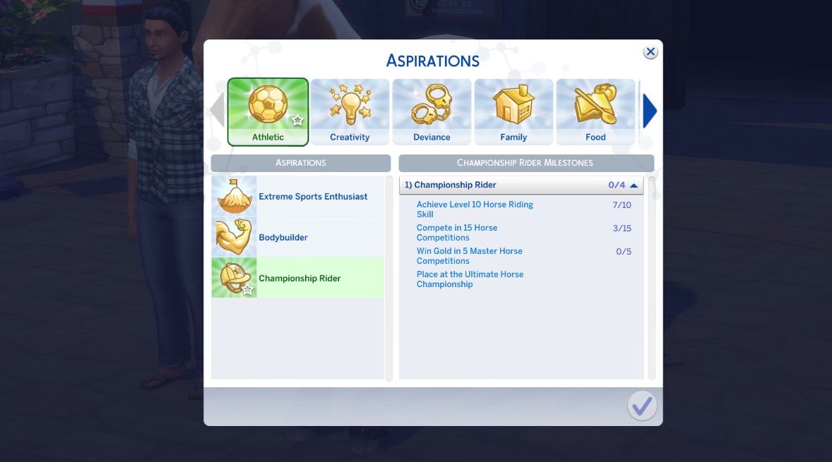 sims 4 horse ranch championship rider aspiration details in the aspiration menu