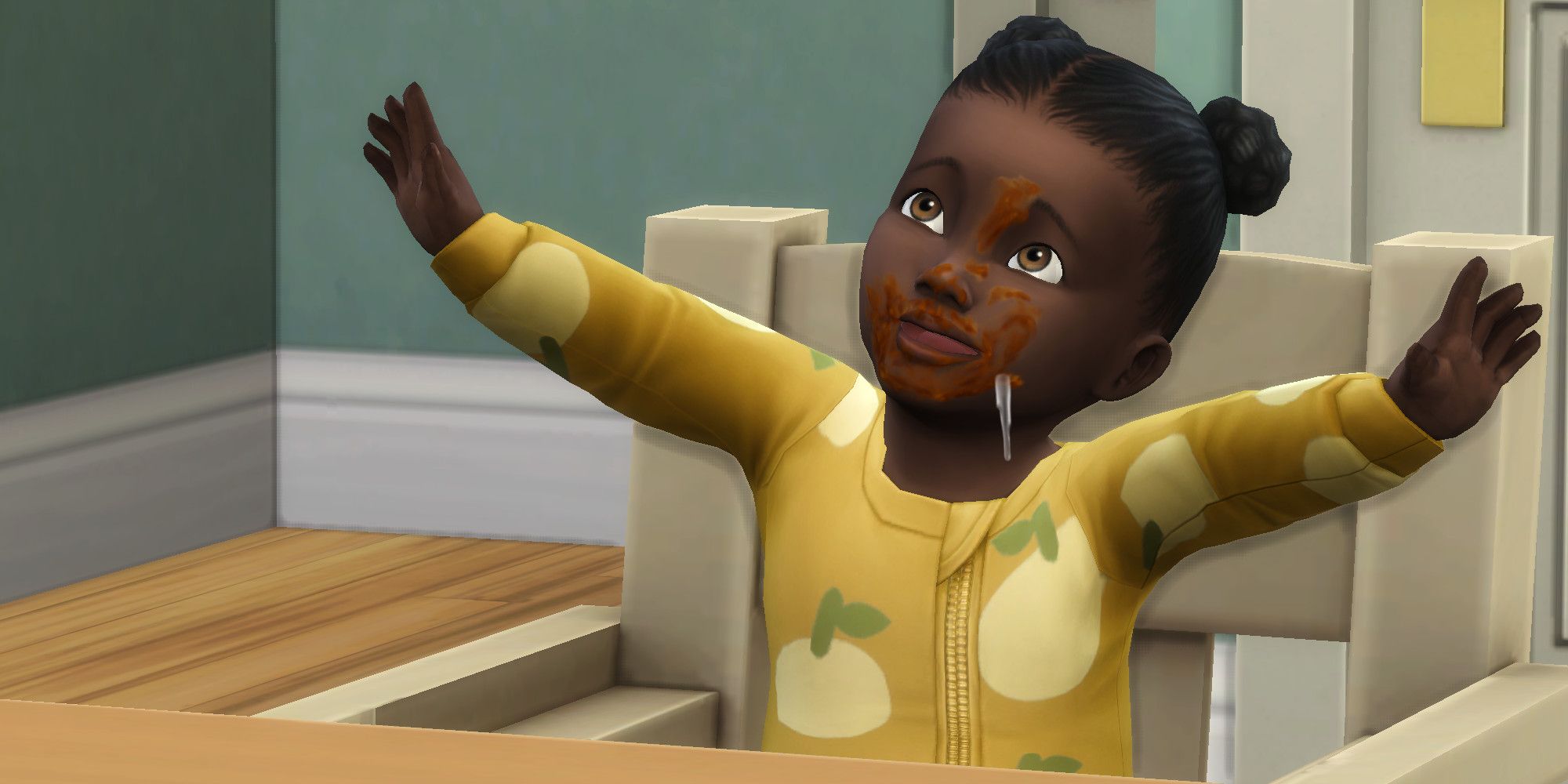 An infant Sim messily eats food