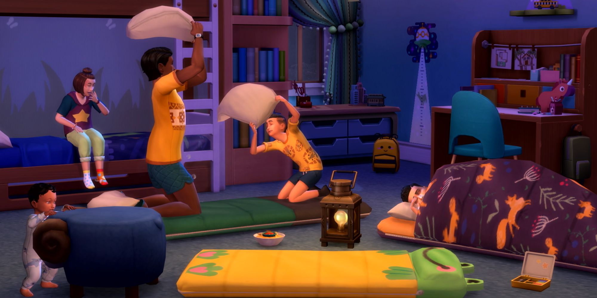 Sims 4 Growing Together sleepover with sleeping bags and children of all ages.