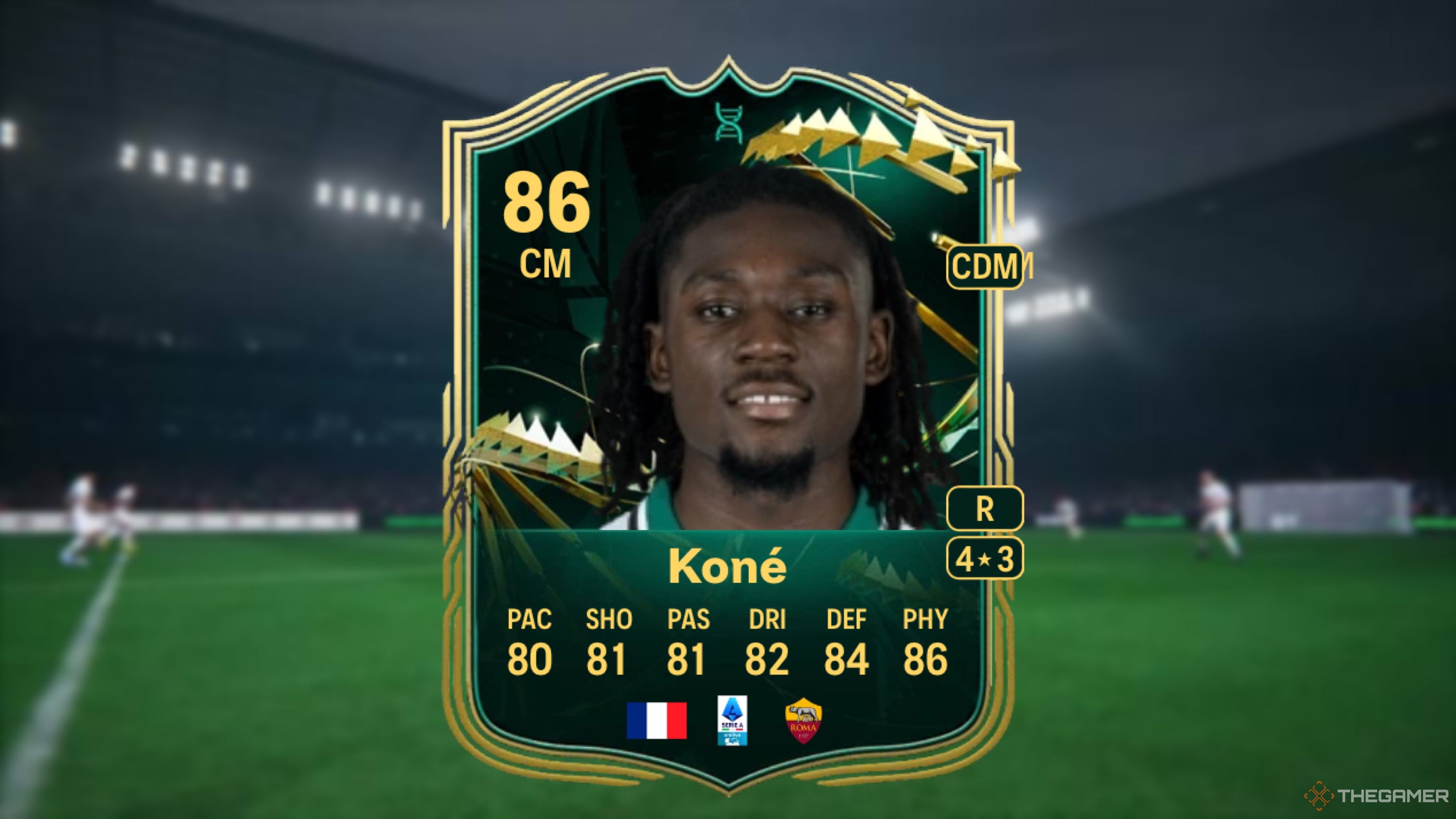 Image showing Koné card against a faded stadium background.