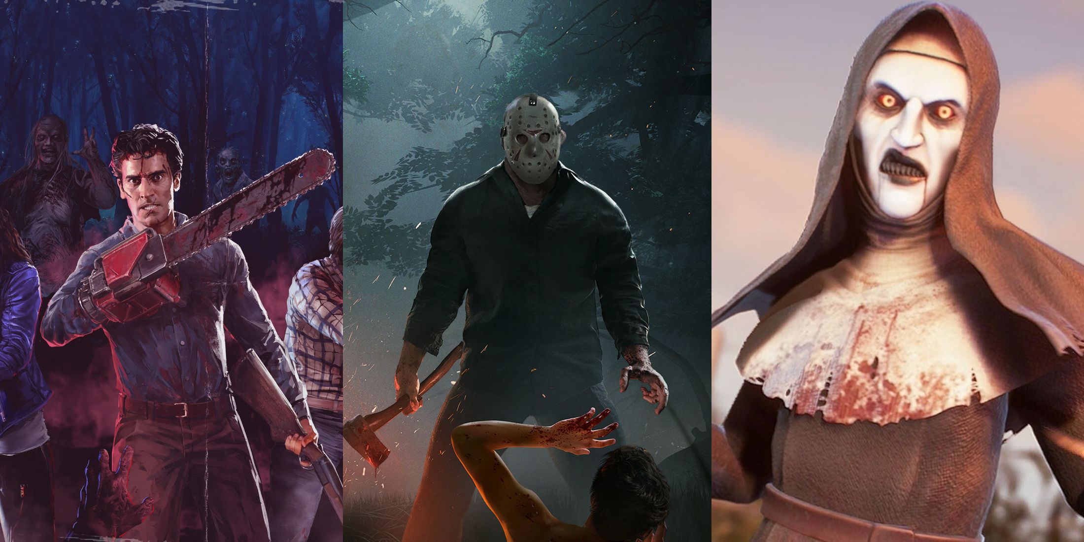 X Dead Asymmetrical Multiplayer Horror Games That Deserved Better split image Evil Dead, Friday the 13th, Propnight